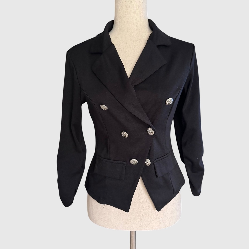 Wet Seal vintage Black Double Breasted Blazer Silver Crest Buttons M Y2K preppy